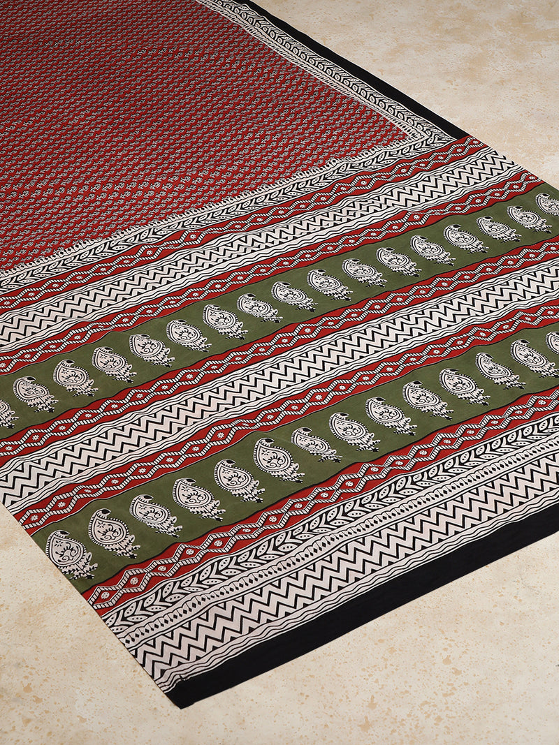 Terracotta Red Handblock Printed Mango Motif Mulmul Saree-Binks