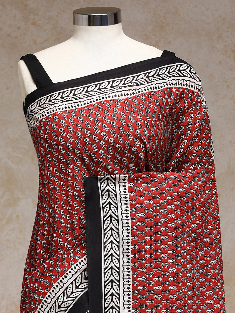Terracotta Red Handblock Printed Mango Motif Mulmul Saree-Binks