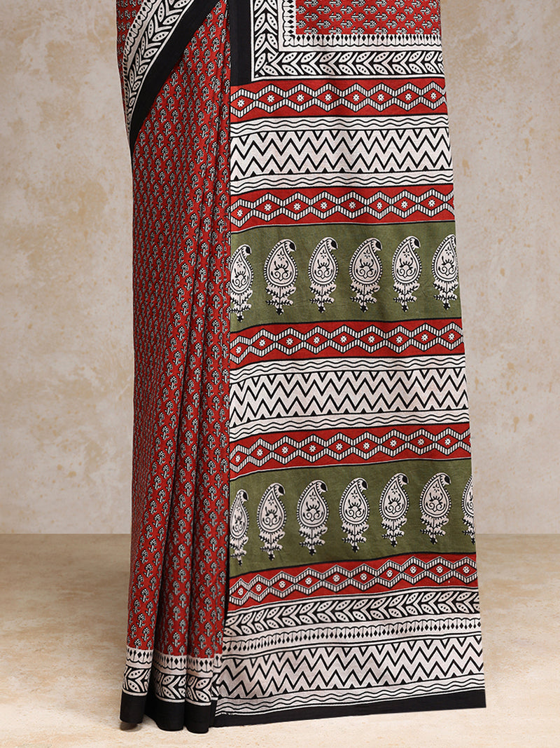 Terracotta Red Handblock Printed Mango Motif Mulmul Saree-Binks