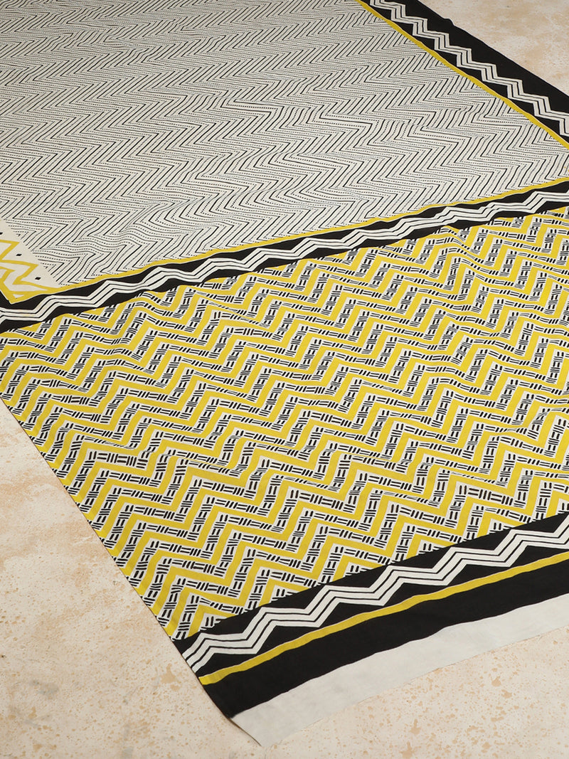 White Handblock Printed Chevron Zigzag Geometric Mulmul Saree-Binks