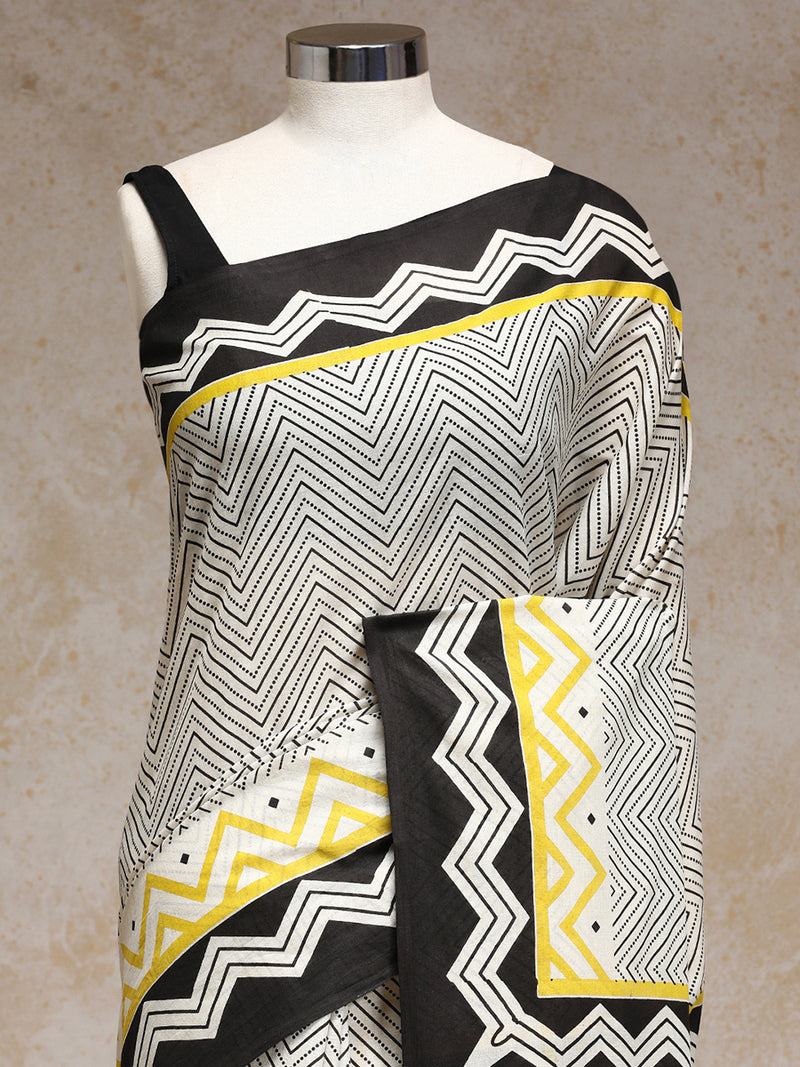 White Handblock Printed Chevron Zigzag Geometric Mulmul Saree-Binks