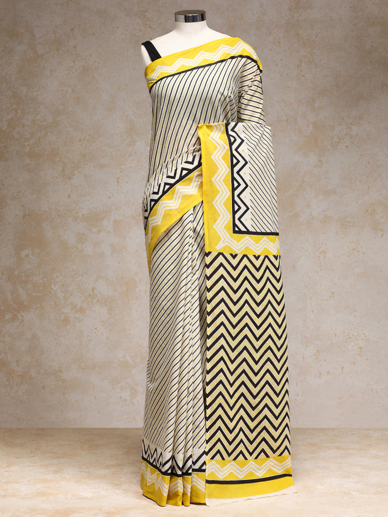 White & Yellow Handblock Printed Diagonal Striped Chevron Mulmul Saree, in White 100% Cotton, made for daily & work.