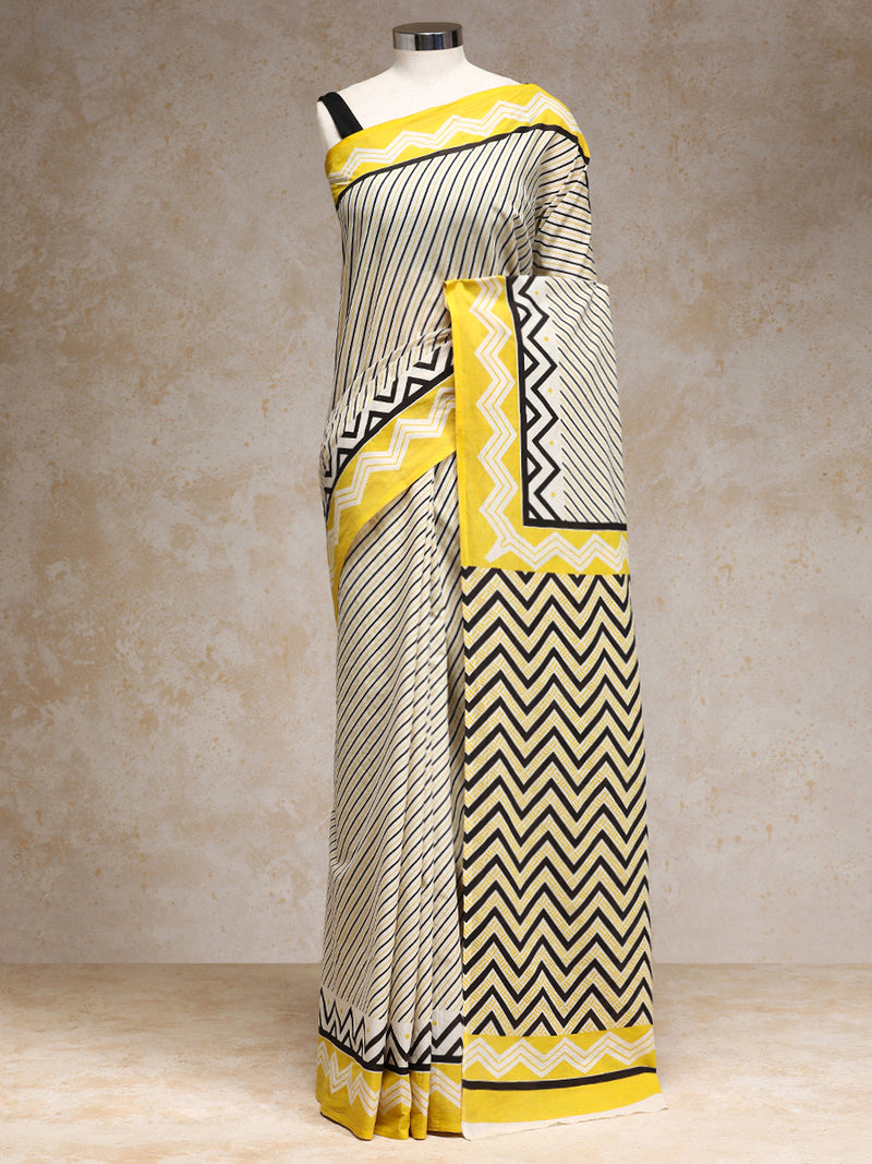White & Yellow Handblock Printed Diagonal Striped Chevron Mulmul Saree-Binks