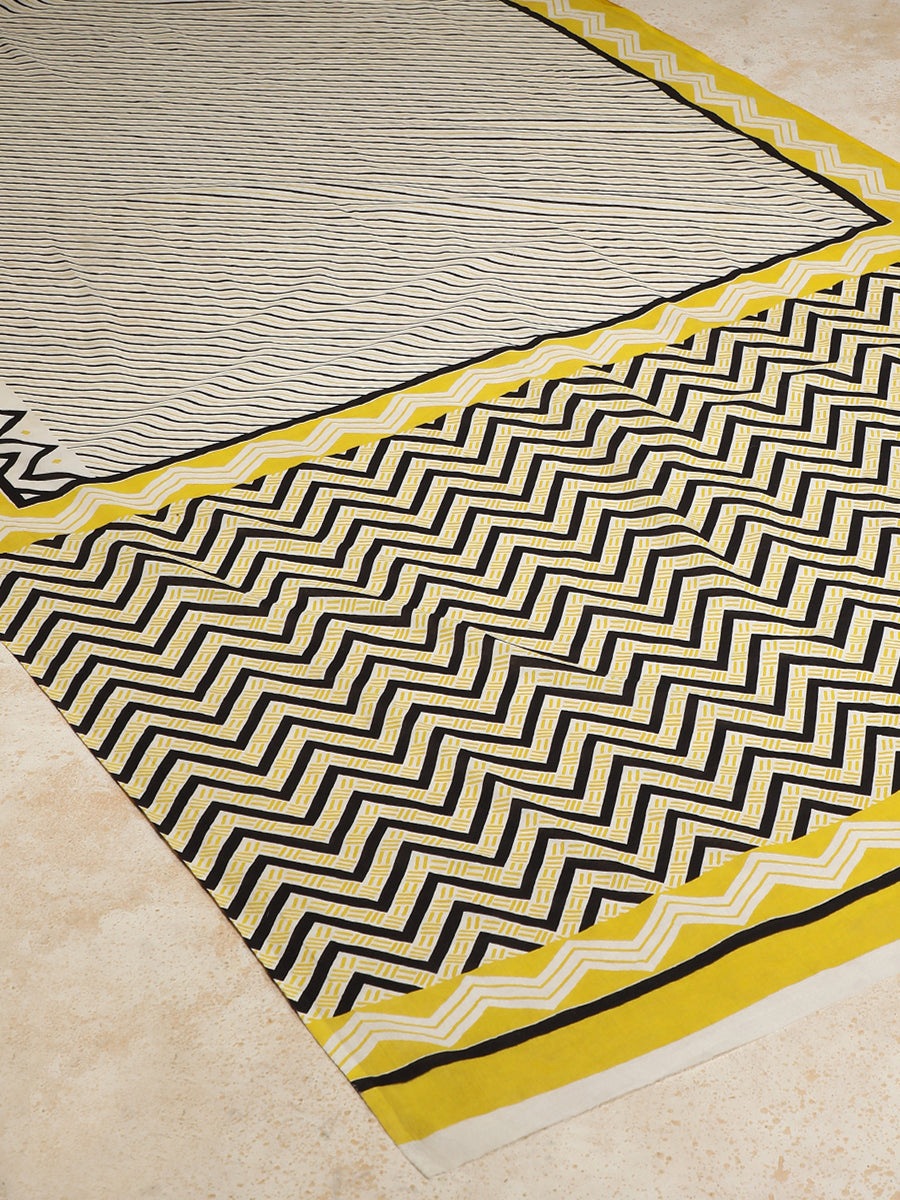 White & Yellow Handblock Printed Diagonal Striped Chevron Mulmul Saree, in White 100% Cotton, made for daily & work (view 2).