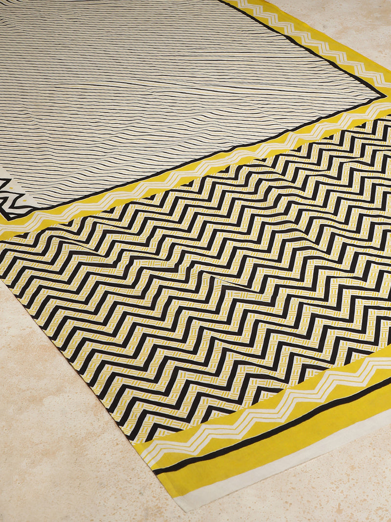 White & Yellow Handblock Printed Diagonal Striped Chevron Mulmul Saree-Binks