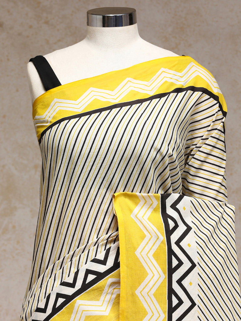 White & Yellow Handblock Printed Diagonal Striped Chevron Mulmul Saree-Binks