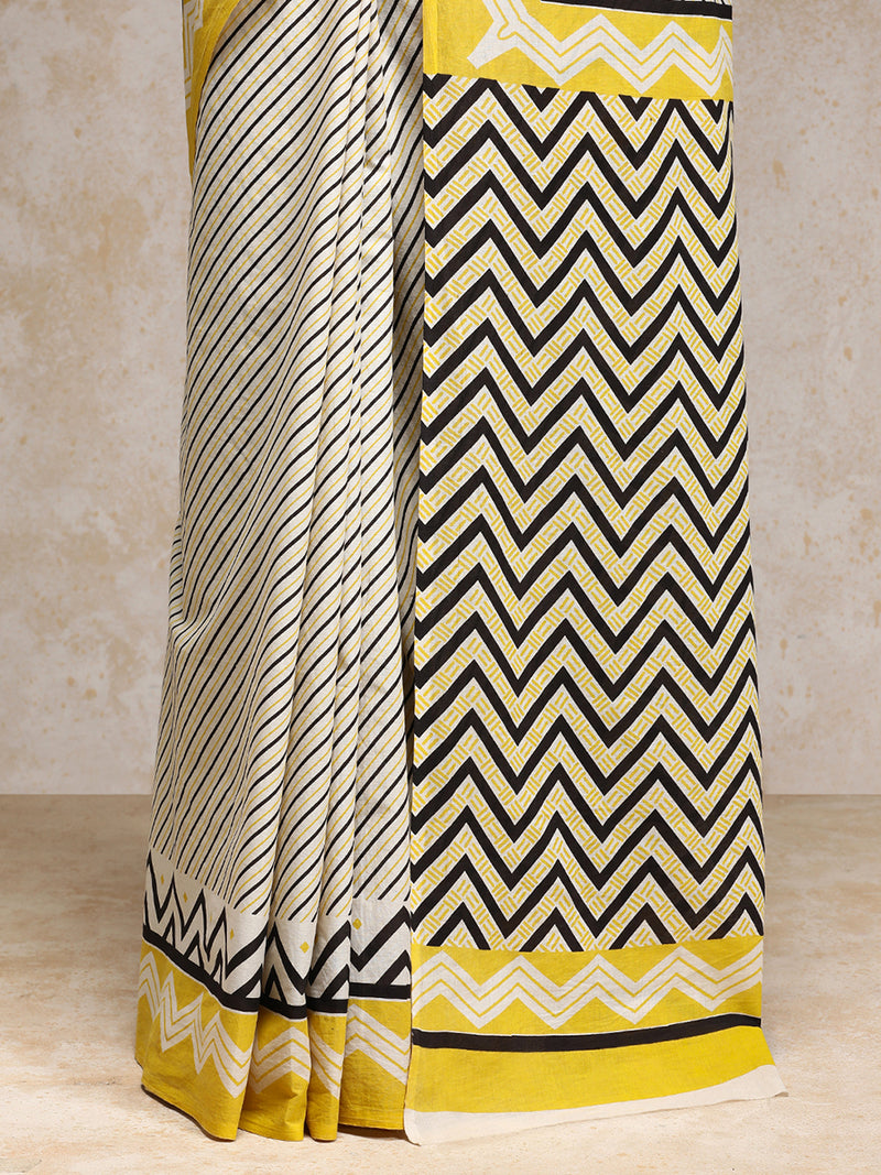 White & Yellow Handblock Printed Diagonal Striped Chevron Mulmul Saree-Binks