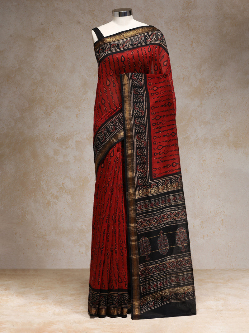 Crimson Handblock Printed Teardrop Ajrakh Maheshwari Cotton Silk Saree-Binks