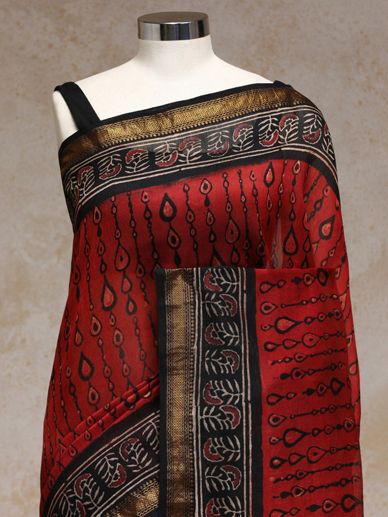 Crimson Handblock Printed Teardrop Ajrakh Maheshwari Cotton Silk Saree-Binks