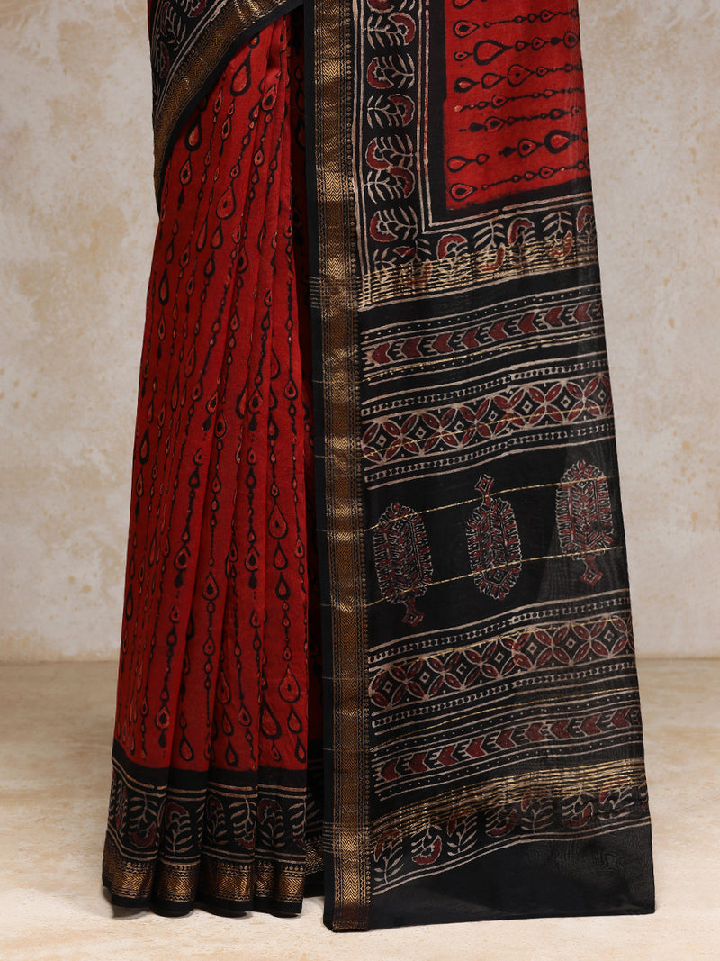 Crimson Handblock Printed Teardrop Ajrakh Maheshwari Cotton Silk Saree-Binks