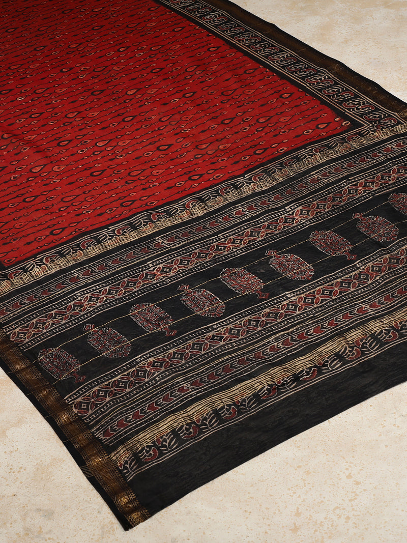 Crimson Handblock Printed Teardrop Ajrakh Maheshwari Cotton Silk Saree-Binks