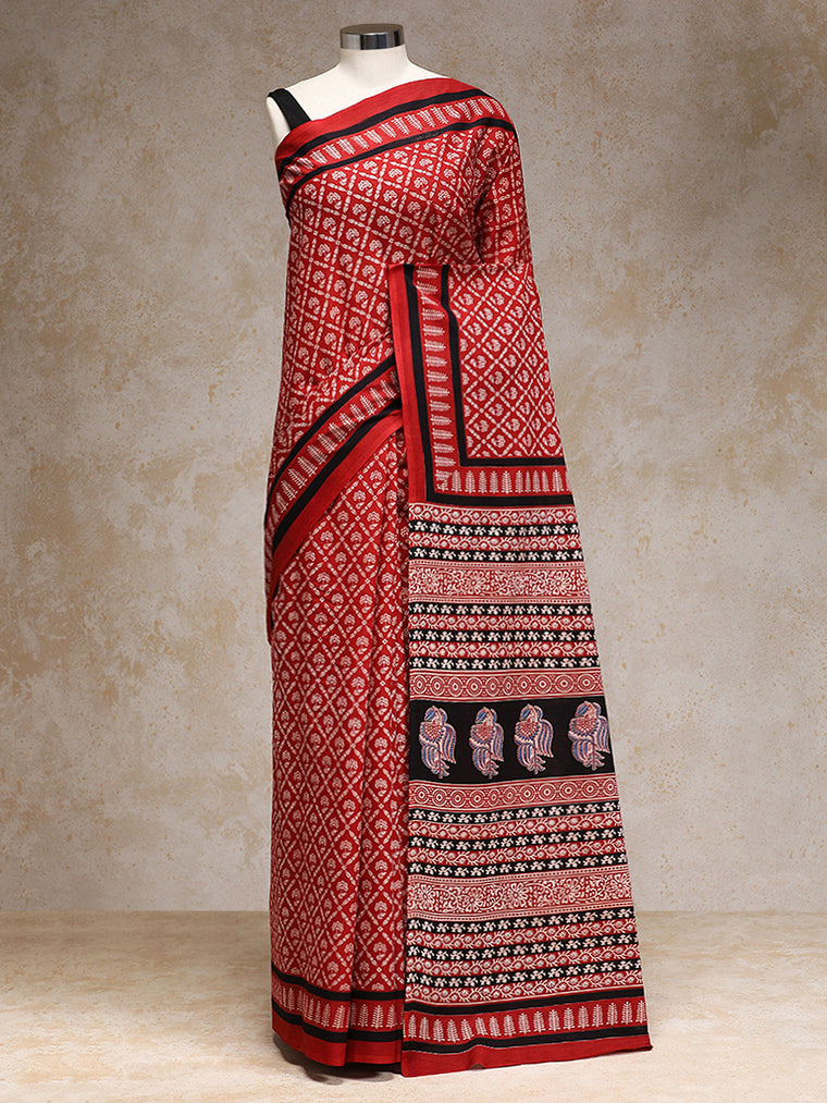 Mulberry Red Handblock Printed Floral Jaal Mulmul Saree, in Red 100% Cotton, made for daily & work.
