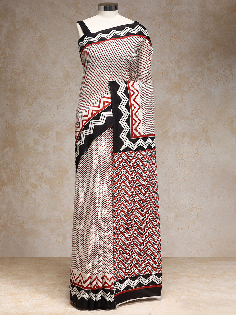 Red & White Handblock Printed Diagonal Striped Chevron Mulmul Saree, in White 100% Cotton, made for daily & work.