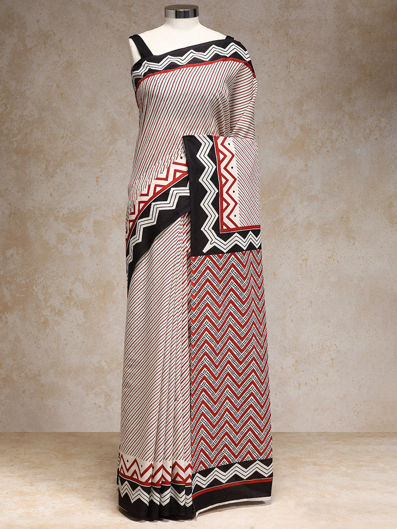 Red & White Handblock Printed Diagonal Striped Chevron Mulmul Saree-Binks