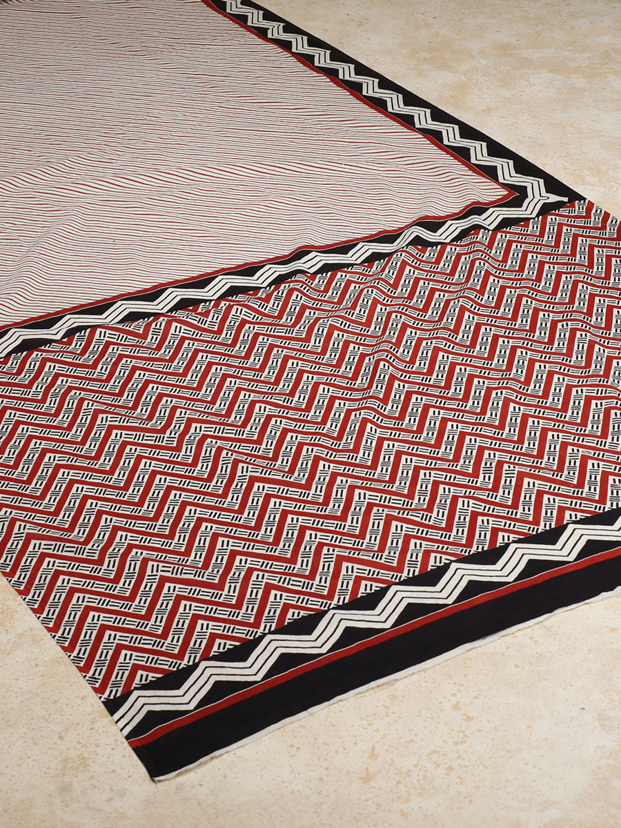 Red & White Handblock Printed Diagonal Striped Chevron Mulmul Saree, in White 100% Cotton, made for daily & work (view 2).