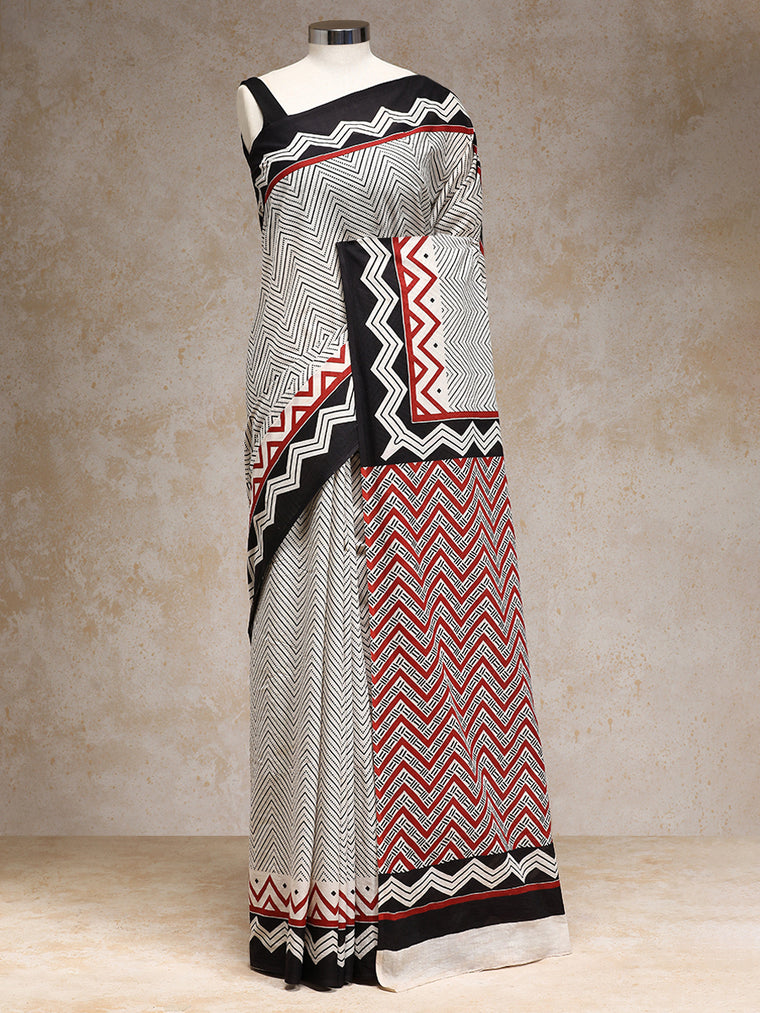 White & Black Handblock Printed Chevron Zigzag Dotted Mulmul Saree, in White 100% Cotton, made for daily & work.