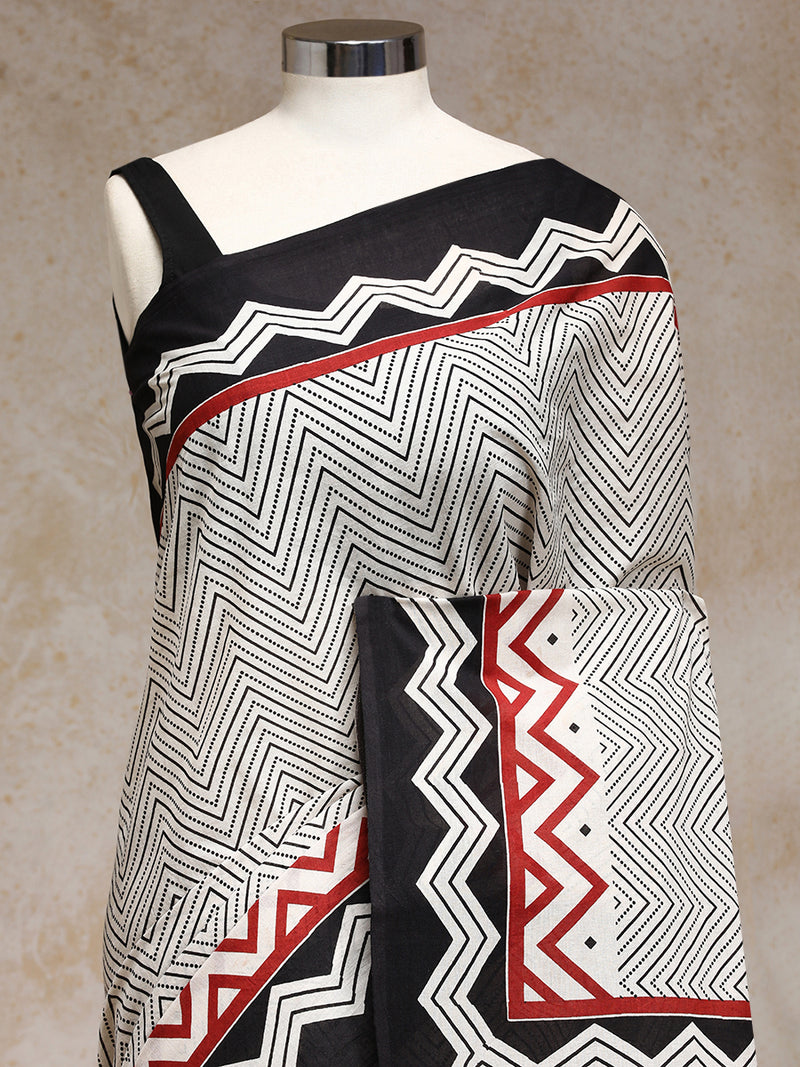 White & Black Handblock Printed Chevron Zigzag Dotted Mulmul Saree-Binks
