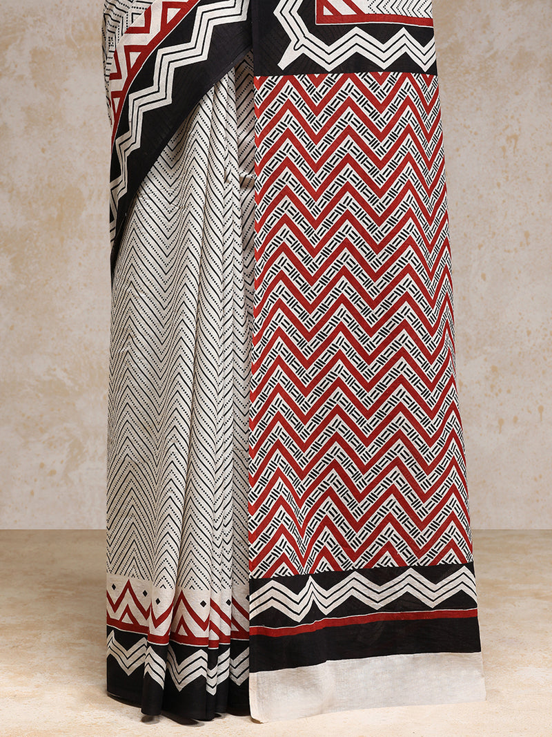 White & Black Handblock Printed Chevron Zigzag Dotted Mulmul Saree-Binks