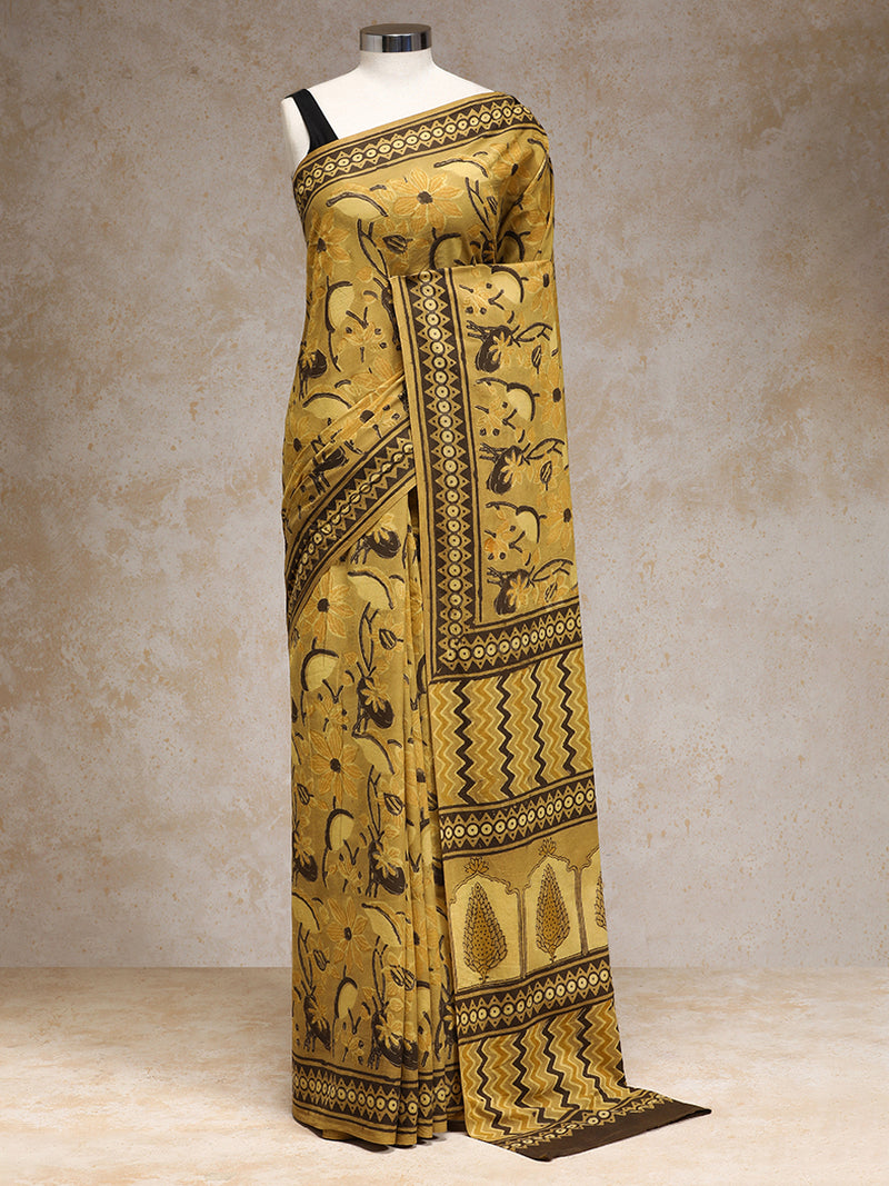 Mustard Yellow Handblock Printed Floral Vine Ajrakh Mulmul Saree-Binks