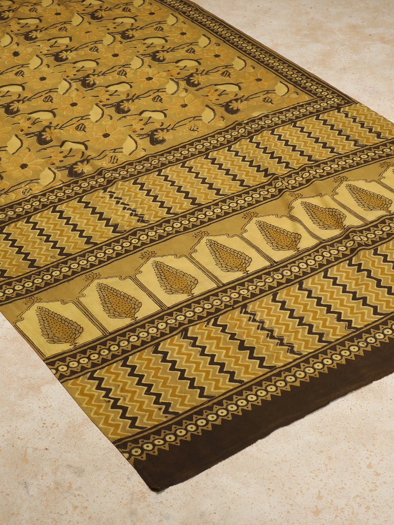 Mustard Yellow Handblock Printed Floral Vine Ajrakh Mulmul Saree-Binks