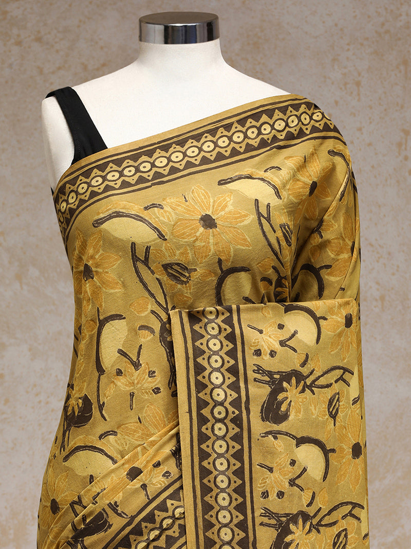 Mustard Yellow Handblock Printed Floral Vine Ajrakh Mulmul Saree-Binks