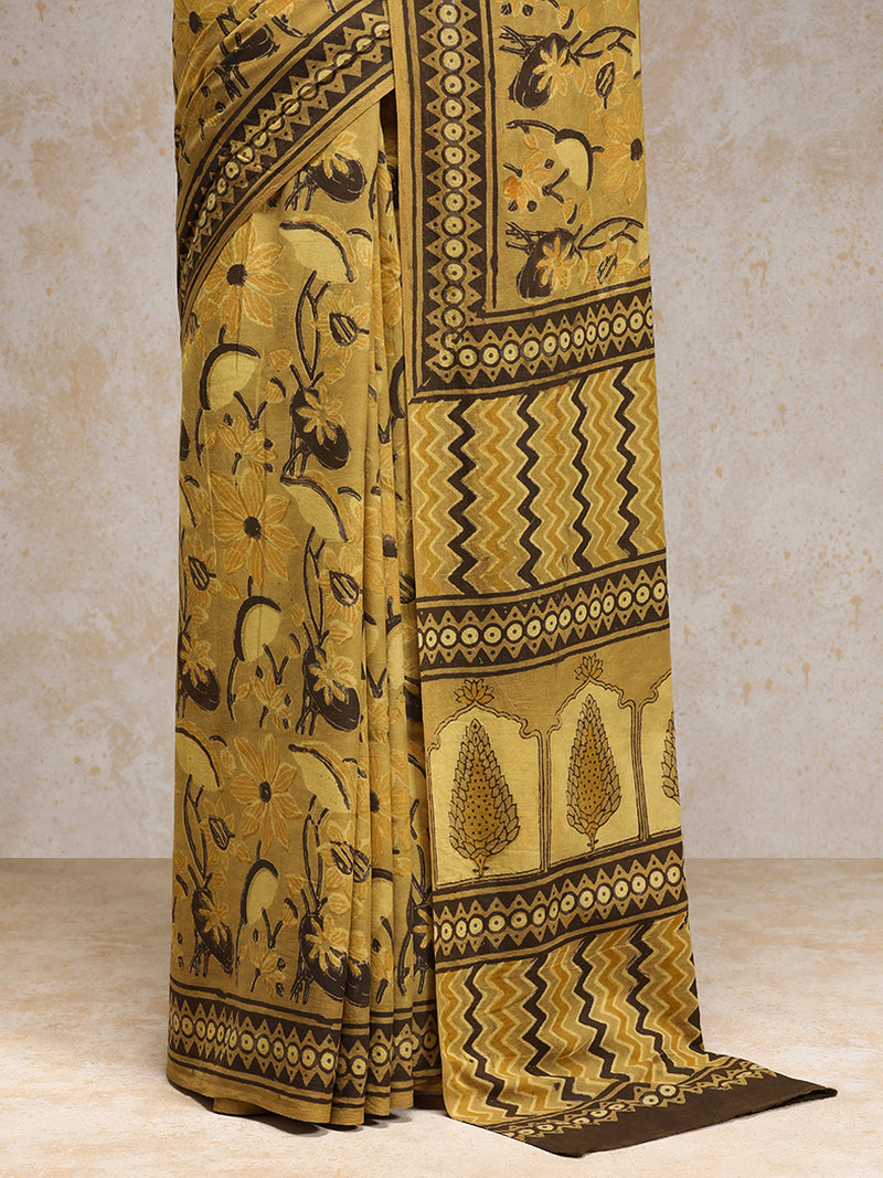Mustard Yellow Handblock Printed Floral Vine Ajrakh Mulmul Saree-Binks