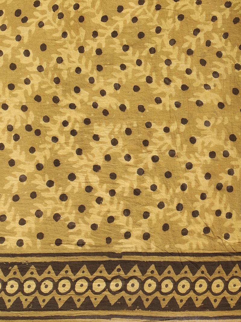 Mustard Yellow Handblock Printed Floral Vine Ajrakh Mulmul Saree-Binks