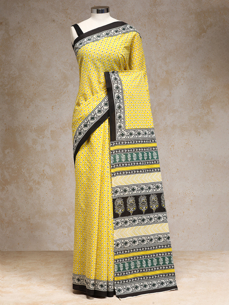 Yellow Handblock Printed Mango Motif Mulmul Saree-Binks