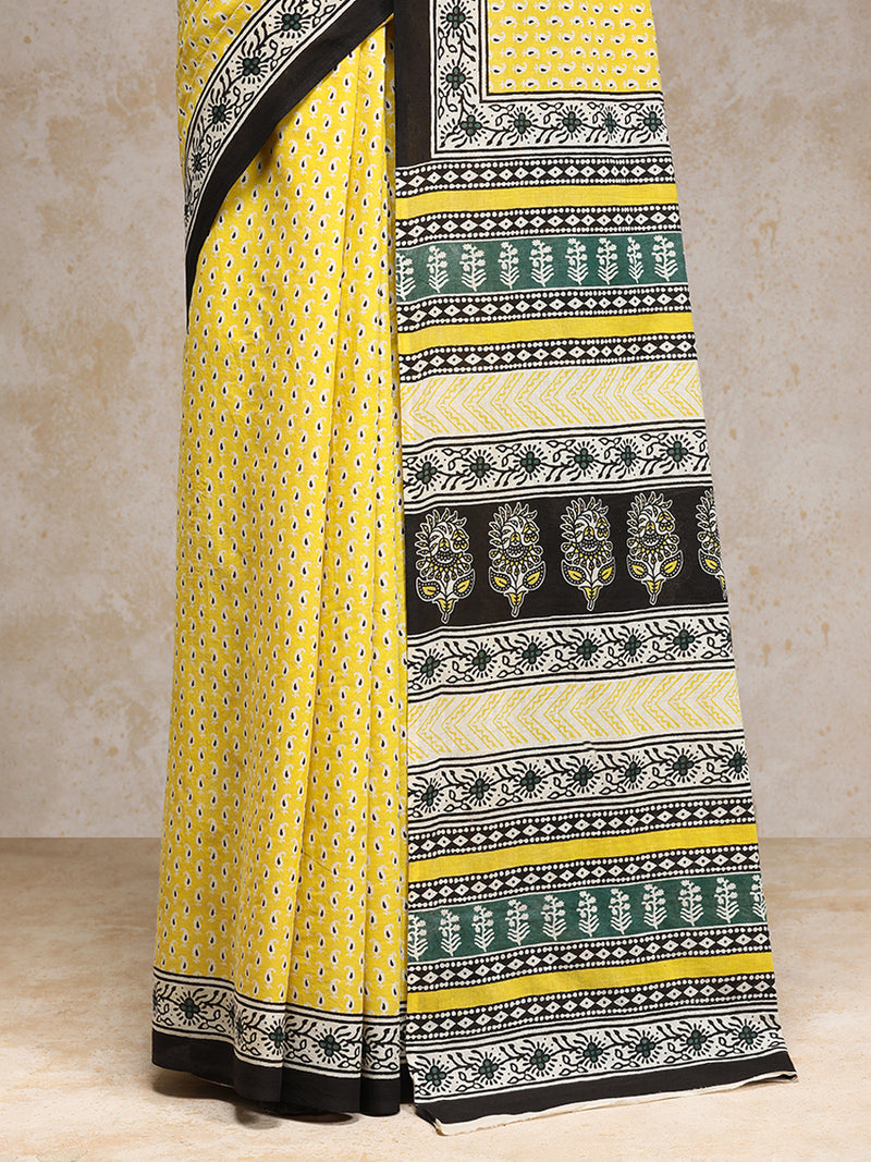 Yellow Handblock Printed Mango Motif Mulmul Saree-Binks