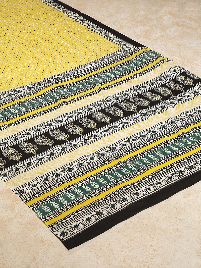 Yellow Handblock Printed Mango Motif Mulmul Saree-Binks