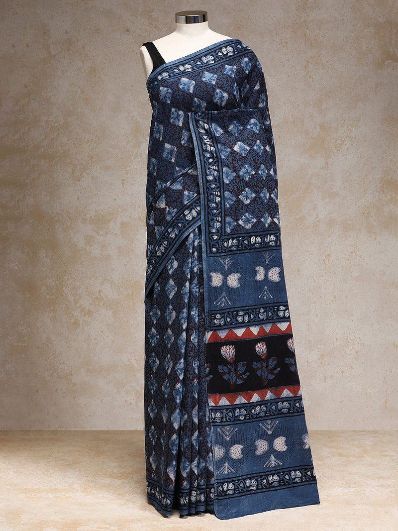 Indigo Handblock Printed Diamond Motif Ajrakh Mulmul Saree-Binks