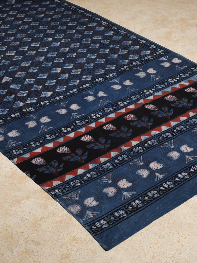 Indigo Handblock Printed Diamond Motif Ajrakh Mulmul Saree-Binks