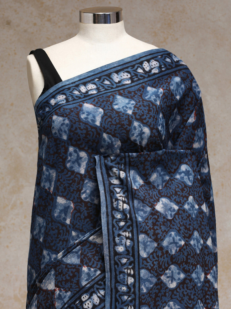 Indigo Handblock Printed Diamond Motif Ajrakh Mulmul Saree-Binks