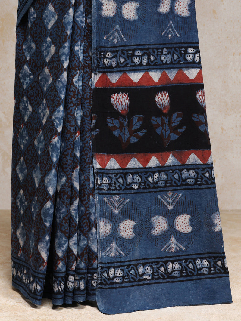 Indigo Handblock Printed Diamond Motif Ajrakh Mulmul Saree-Binks
