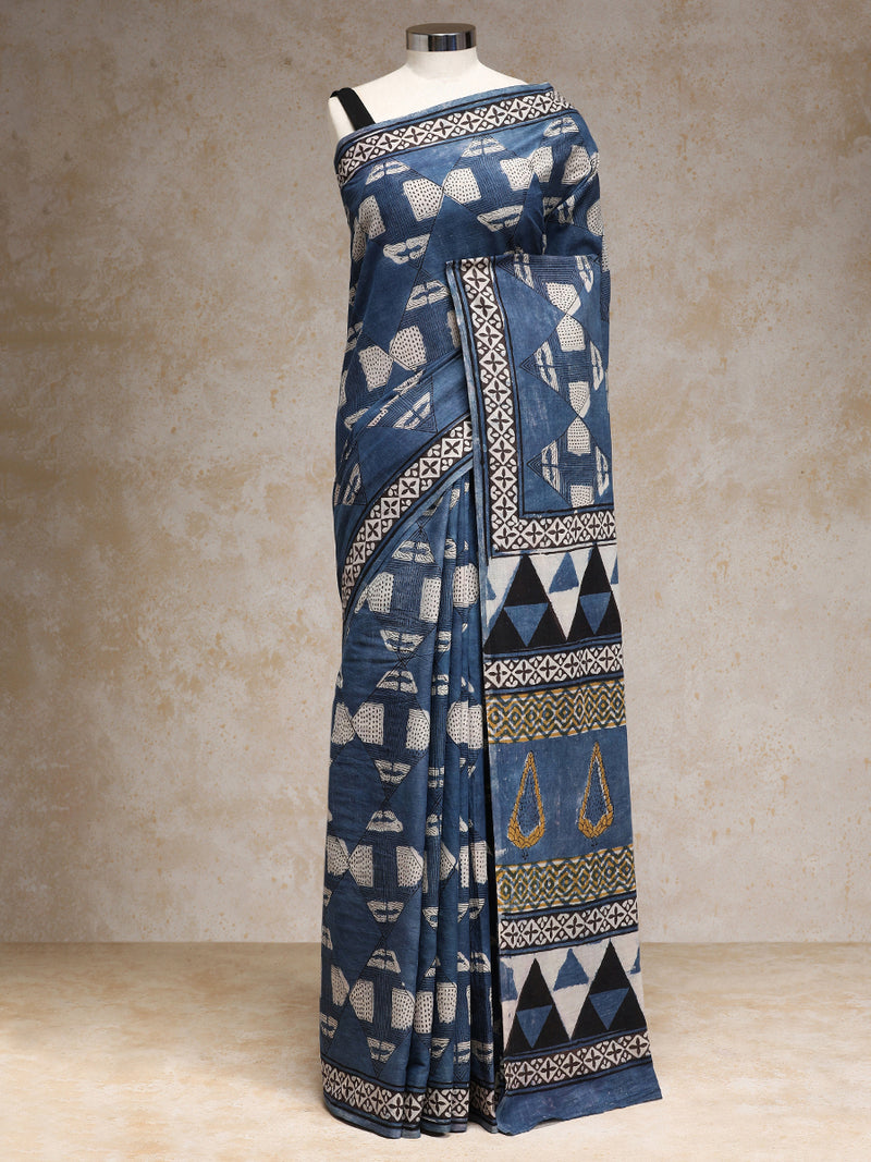 Indigo Blue Handblock Printed Geometric Patchwork Ajrakh Mulmul Saree-Binks