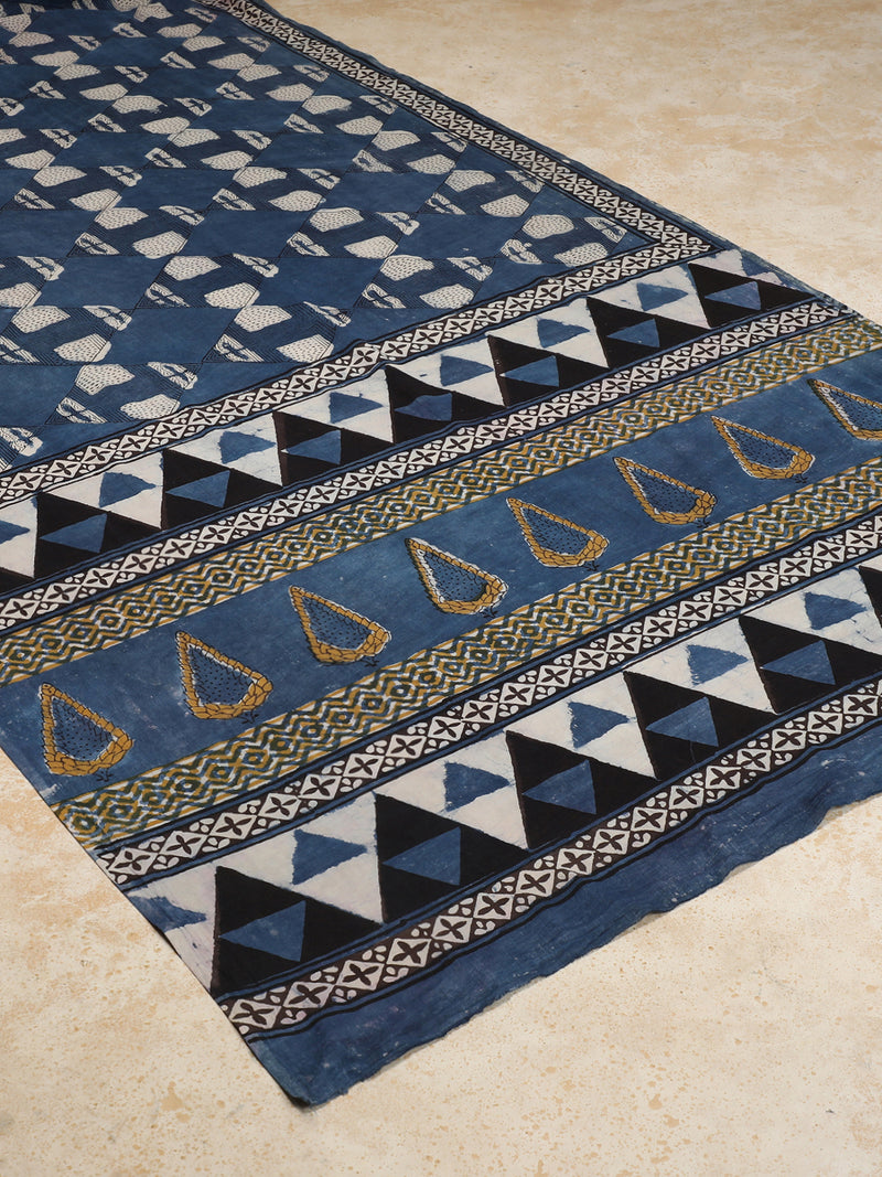 Indigo Blue Handblock Printed Geometric Patchwork Ajrakh Mulmul Saree-Binks