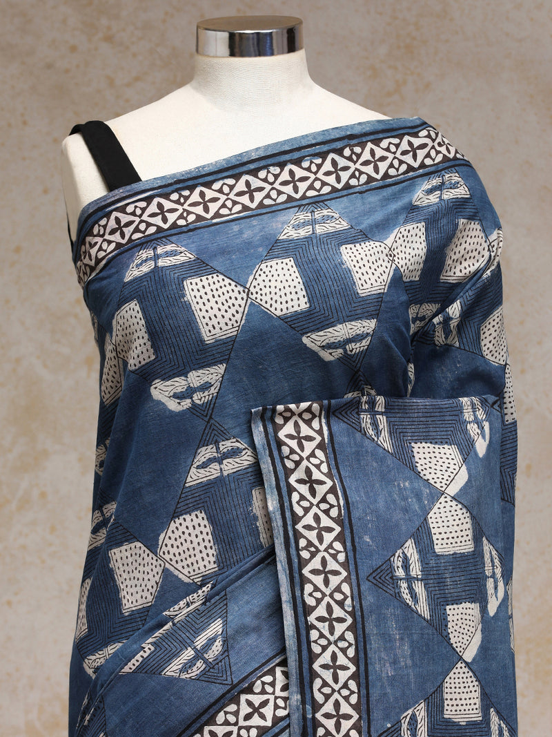 Indigo Blue Handblock Printed Geometric Patchwork Ajrakh Mulmul Saree-Binks