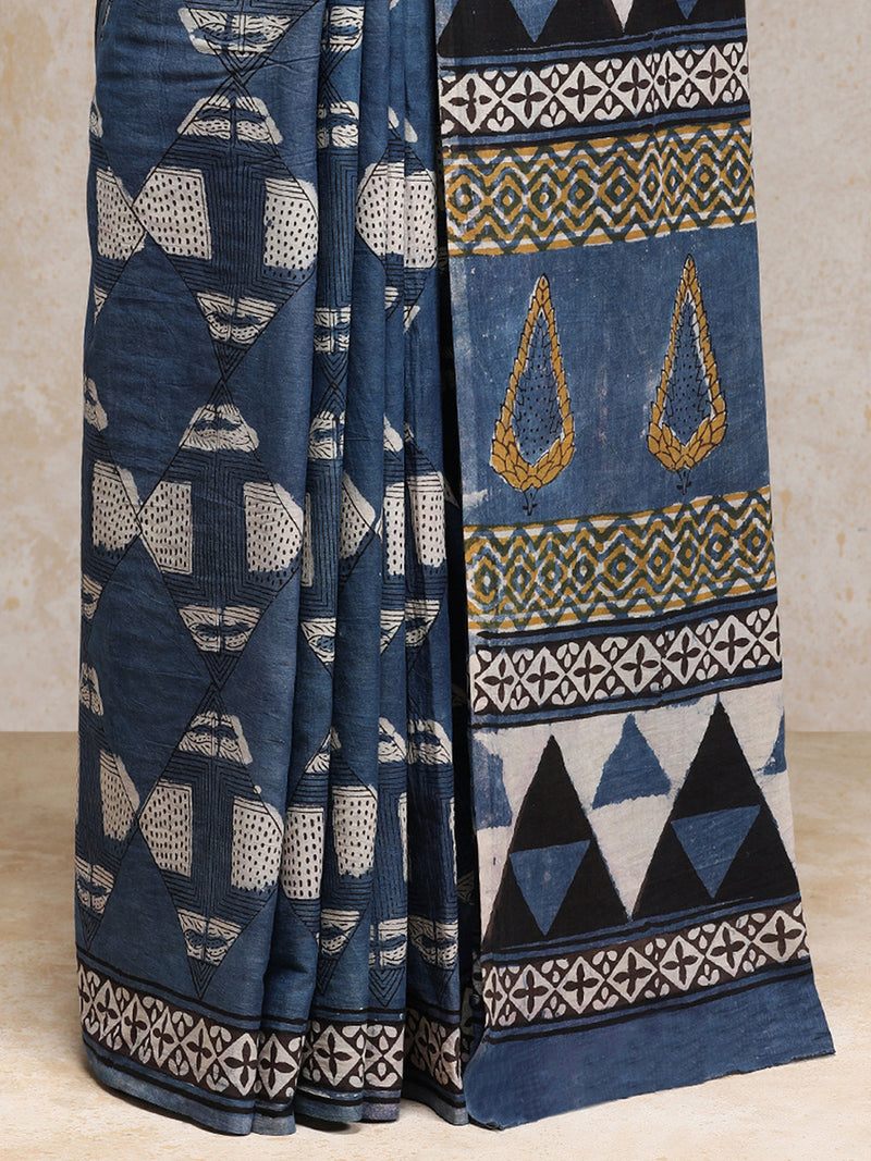 Indigo Blue Handblock Printed Geometric Patchwork Ajrakh Mulmul Saree-Binks