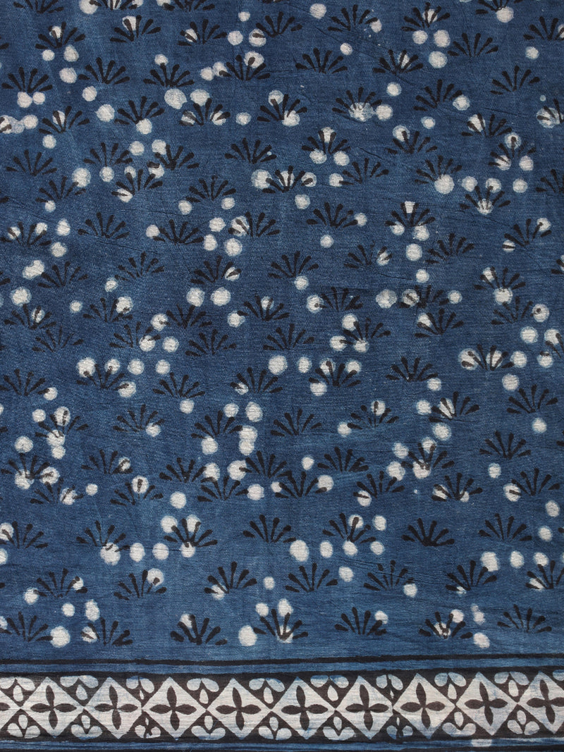 Indigo Blue Handblock Printed Geometric Patchwork Ajrakh Mulmul Saree-Binks