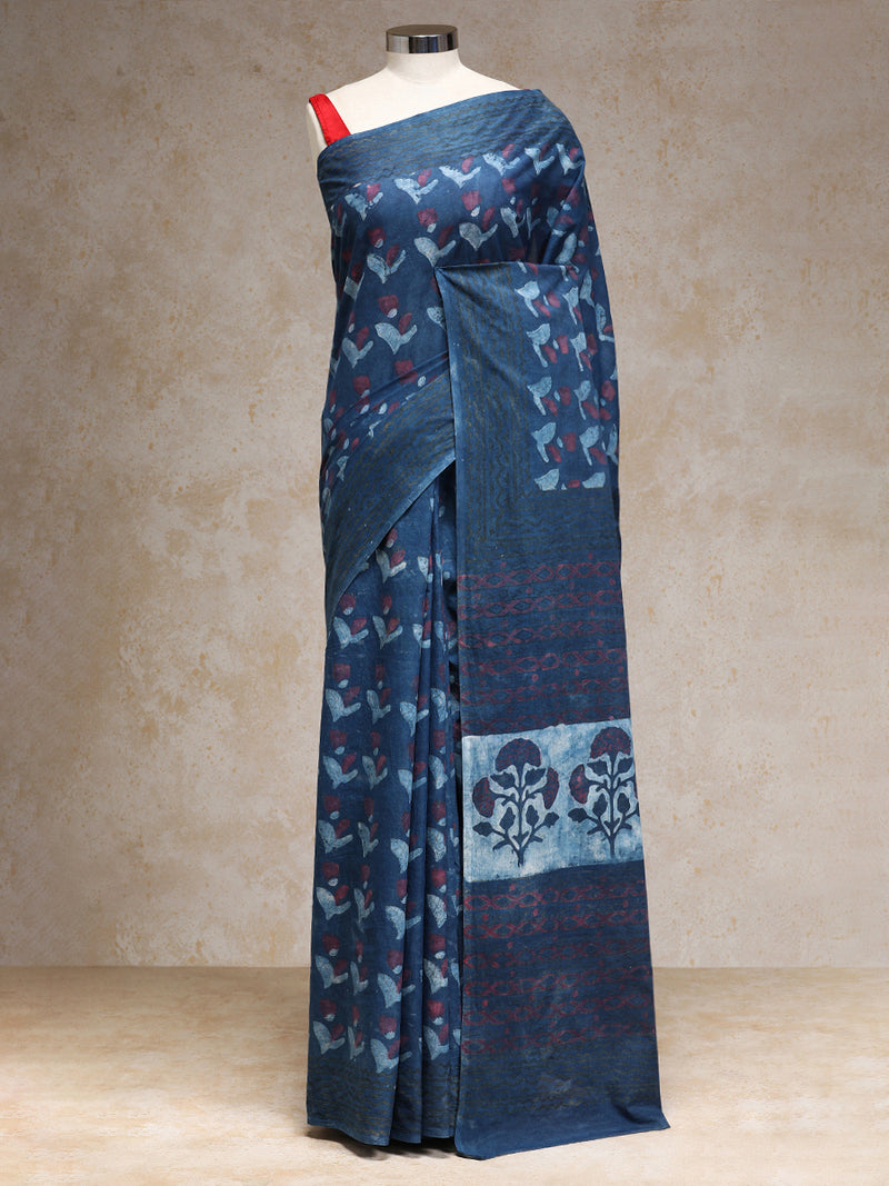 Indigo Blue Handblock Printed Floral Butta Ajrakh Cotton Mulmul Saree-Binks