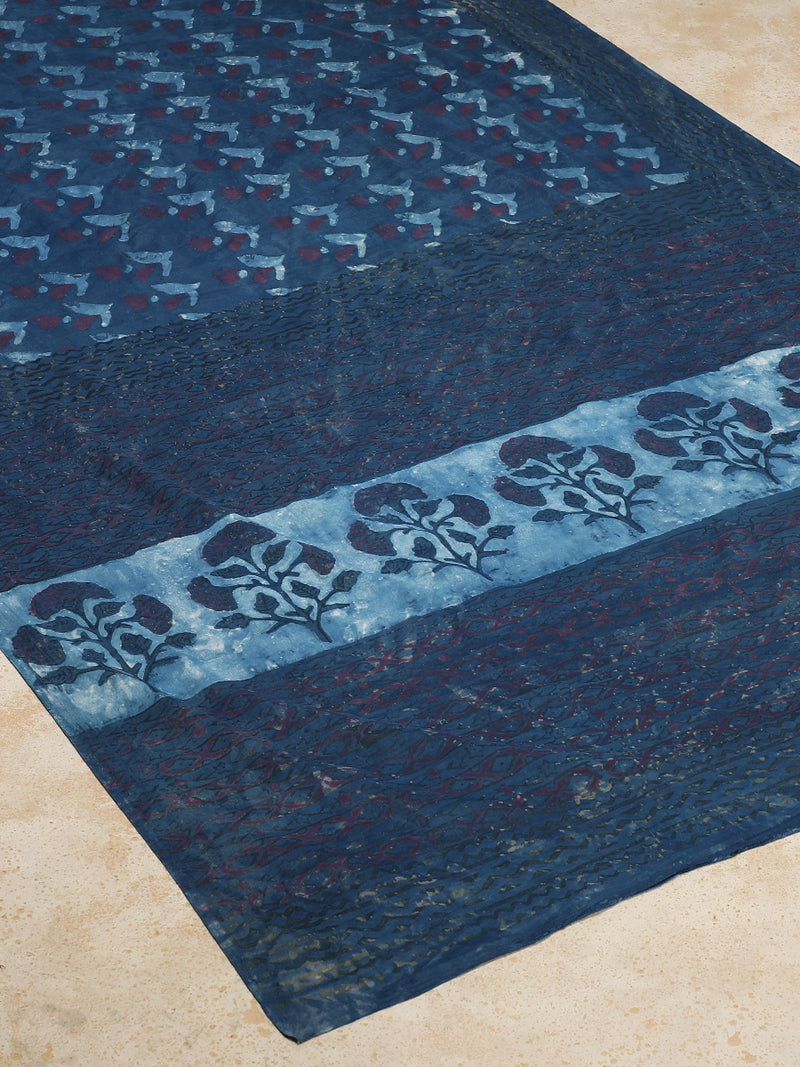 Indigo Blue Handblock Printed Floral Butta Ajrakh Cotton Mulmul Saree-Binks