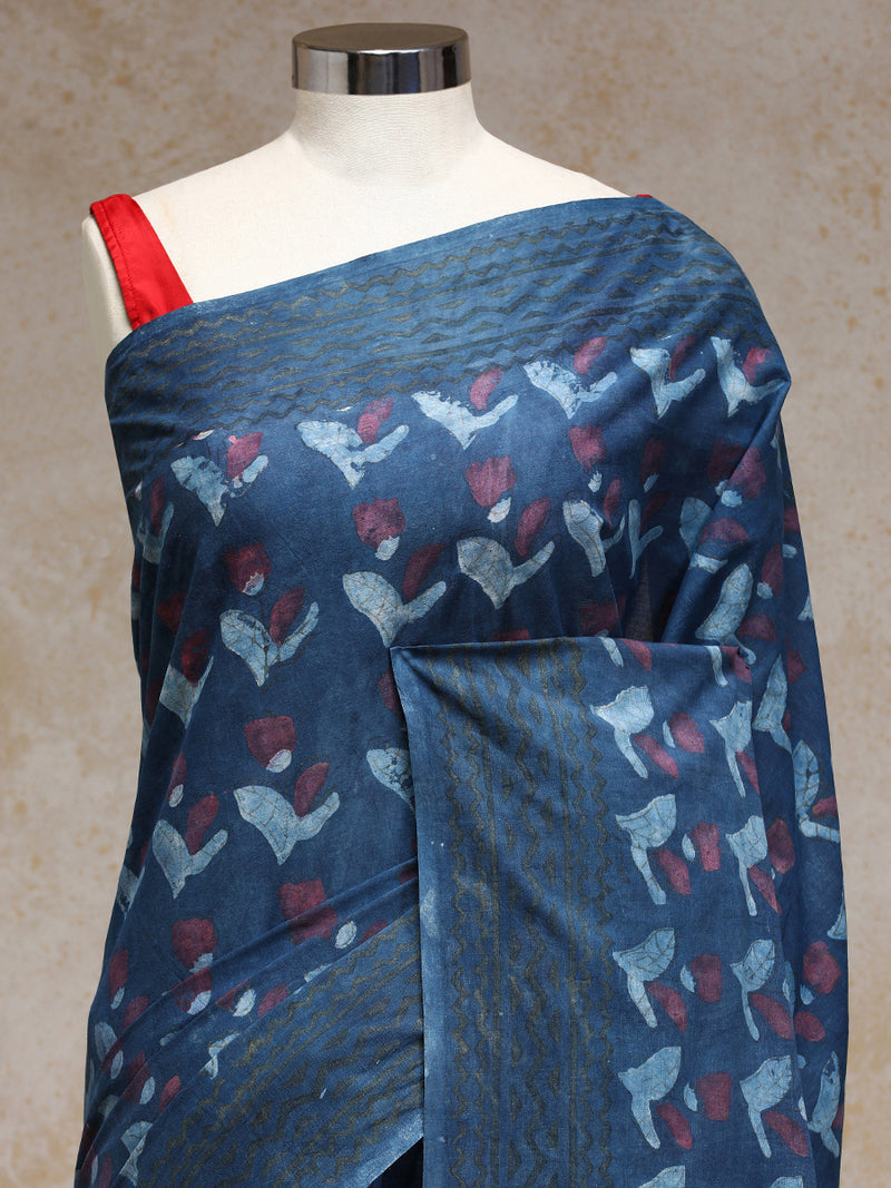 Indigo Blue Handblock Printed Floral Butta Ajrakh Cotton Mulmul Saree-Binks