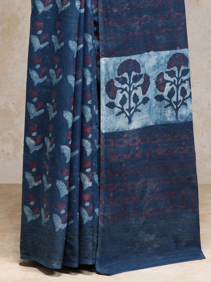 Indigo Blue Handblock Printed Floral Butta Ajrakh Cotton Mulmul Saree-Binks