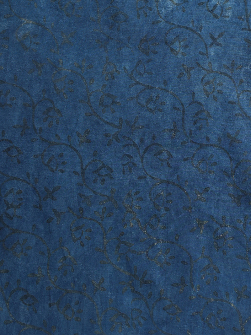 Indigo Blue Handblock Printed Floral Butta Ajrakh Cotton Mulmul Saree-Binks