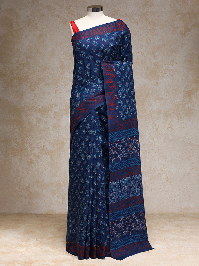 Indigo Blue Handblock Printed Butterfly Motif Ajrakh Mulmul Saree-Binks