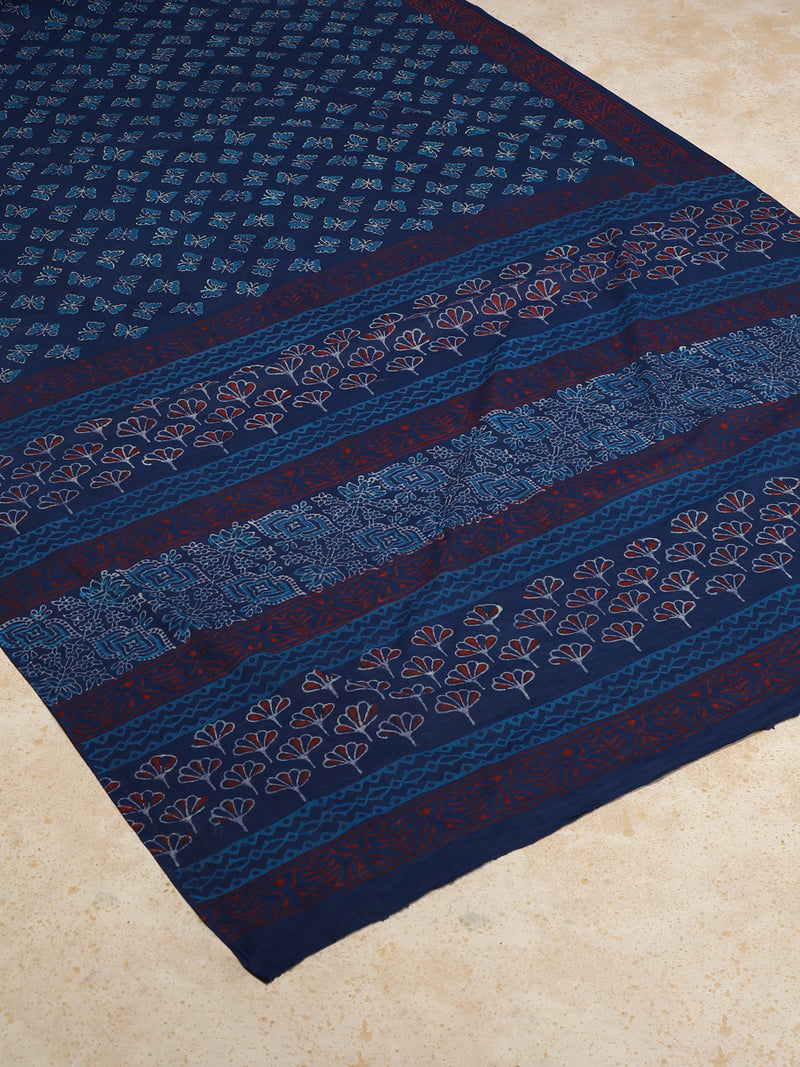 Indigo Blue Handblock Printed Butterfly Motif Ajrakh Mulmul Saree-Binks