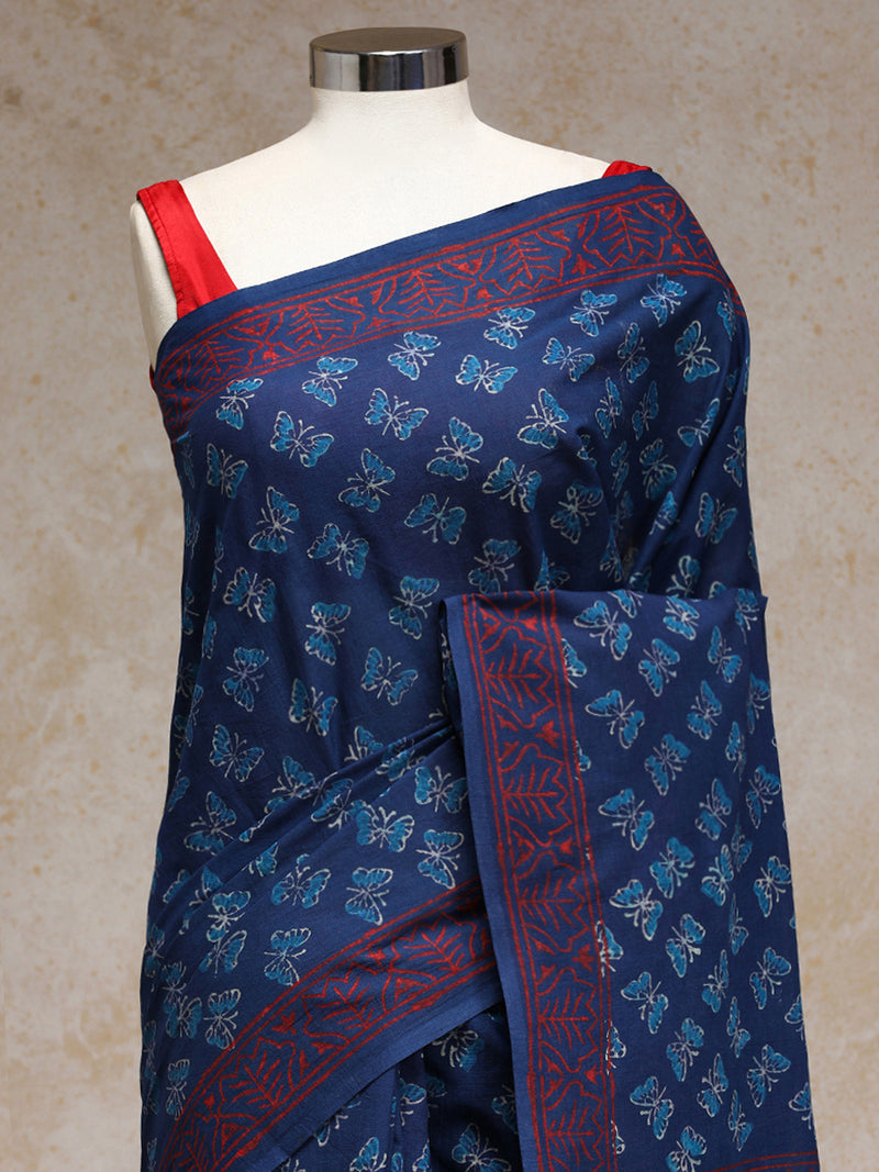 Indigo Blue Handblock Printed Butterfly Motif Ajrakh Mulmul Saree-Binks