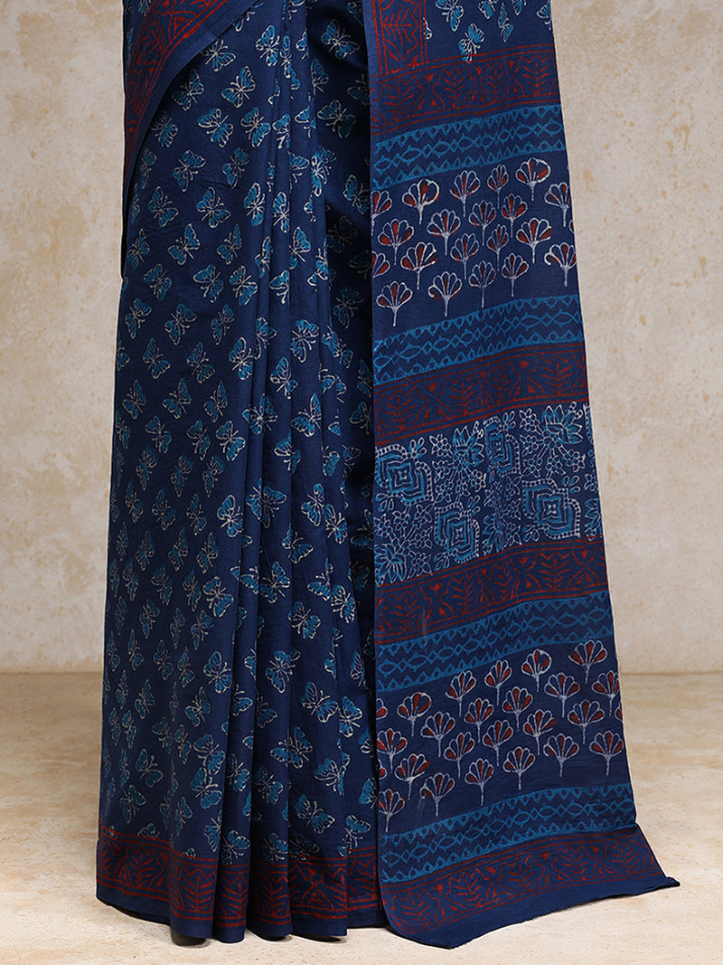 Indigo Blue Handblock Printed Butterfly Motif Ajrakh Mulmul Saree-Binks