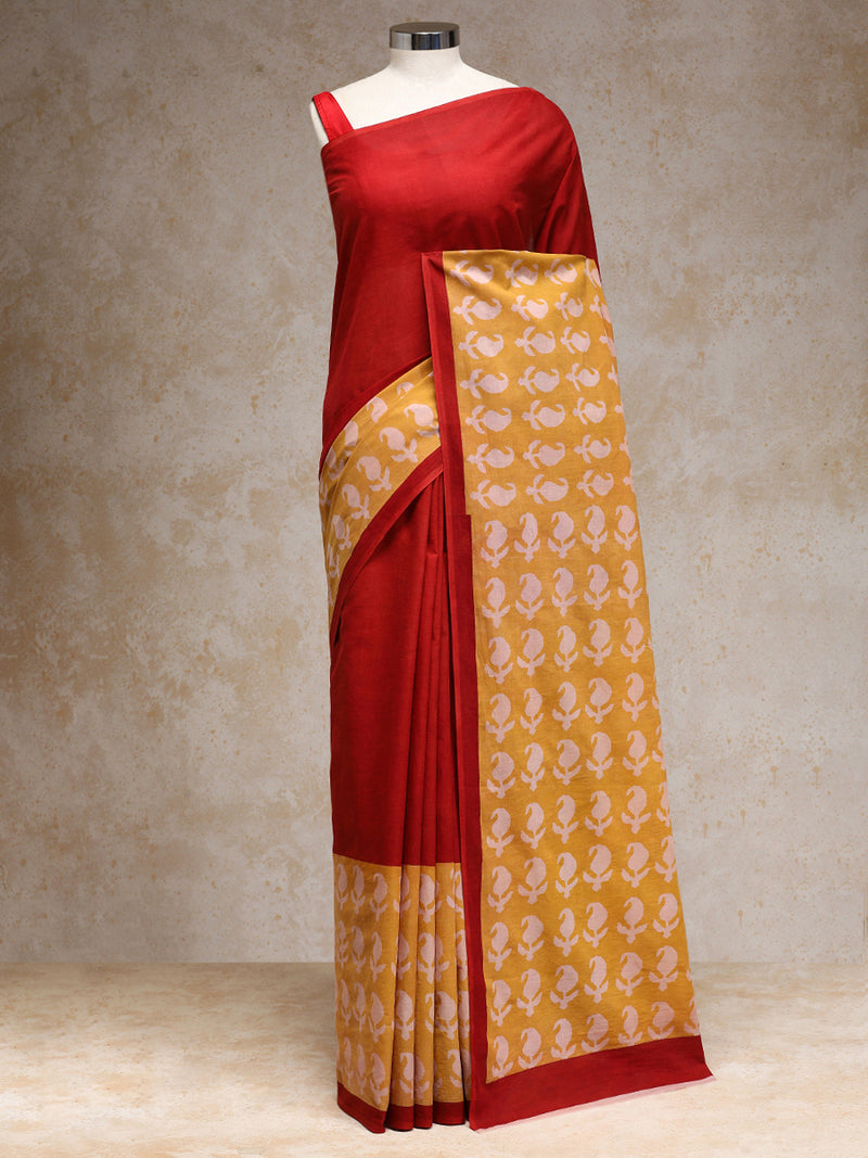 Deep Red & Yellow Handblock Printed Colour Blocking Mulmul Saree-Binks