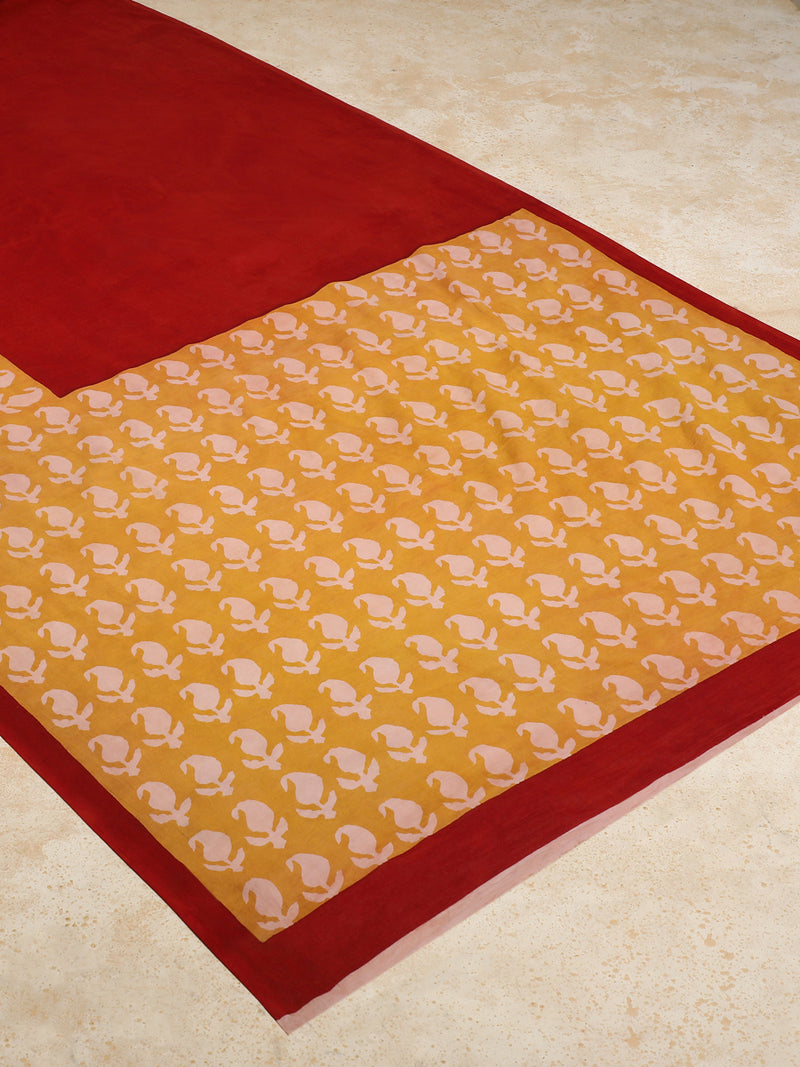 Deep Red & Yellow Handblock Printed Colour Blocking Mulmul Saree-Binks